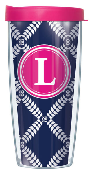 16oz Short Tumbler - Navy Royal Diamonds "L" Initial On Pink without lid 01-ROD655LB-L