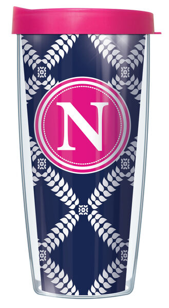 28oz Mega Tumbler - Bold Letter N on Navy Royal Diamonds w/ Pink Lid H2-ROD655LB-N