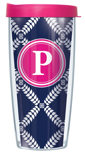 16oz Tumbler - Navy Royal Diamonds on Pink Initial "P" w/ Pink Lid 02-ROD655LB-P