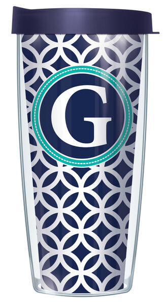 16oz Short Tumbler - G Initial on Navy Roundabout without lid 01-ROU1-LB-G