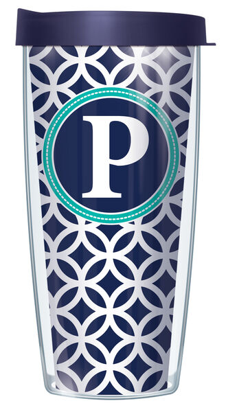 16oz Short Tumbler - P Initial on Navy Roundabout without lid 01-ROU1-LB-P