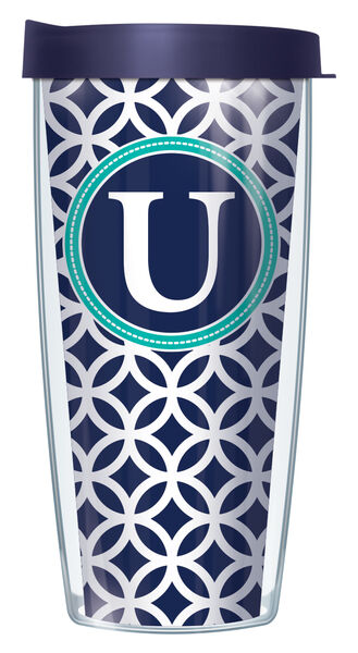 18oz Handle Mug - Bold Letter U on Navy Roundabout w/ Blue Lid 06-ROU1-LB-U