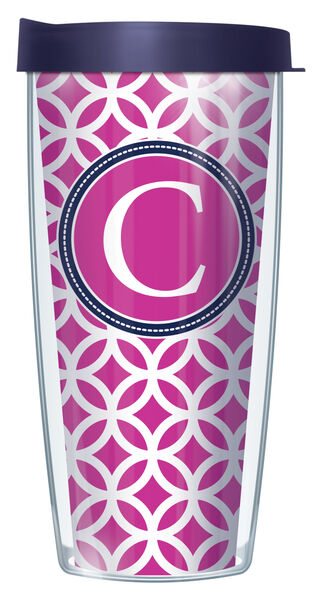 16oz Tumbler - Bold Letter C on Pink Roundabout w/ Navy Lid 02-ROU2-LB-C