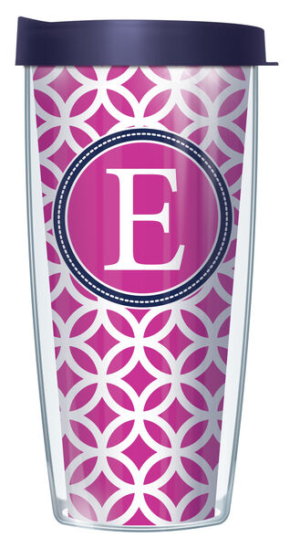 22oz Tumbler - Bold Letter E on Pink Roundabout w/ Navy Lid 08-ROU2-LB-E