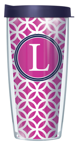 16oz Tumbler - Bold Letter L on Pink Roundabout w/ Navy Lid 02-ROU2-LB-L