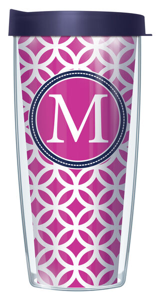 22oz Tumbler - Bold Letter M on Pink Roundabout w/ Navy Lid 08-ROU2-LB-M