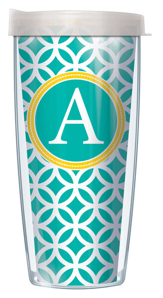 28oz Mega Tumbler - Bold Letter A on Teal Roundabout w/ Clear Lid H2-ROU4-LB-A