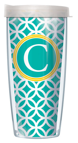 16oz Short Tumbler - Bold Letter C on Teal Roundabout without lid 01-ROU4-LB-C