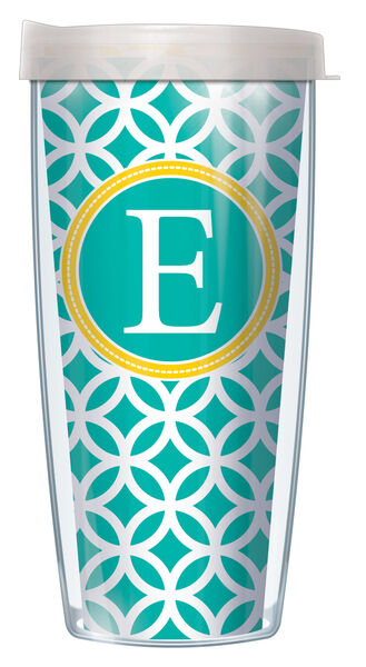 28oz Mega Tumbler - Bold Letter E on Teal Roundabout w/ Clear Lid H2-ROU4-LB-E