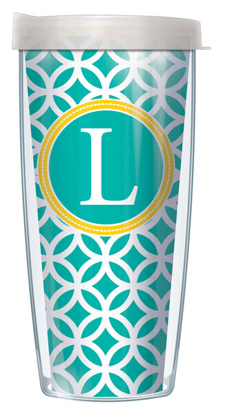 18oz Handle Mug - Bold Letter L on Teal Roundabout w/ Black Lid 06-ROU4-LB-L