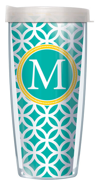 16oz Short Tumbler - Teal Roundabout Letter Initial "M" On Teal without lid 01-ROU4-LB-M