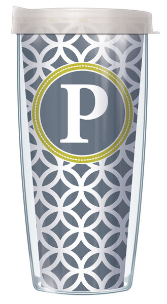 16oz Tumbler - Bold Letter P on Gray Roundabout w/ Clear Lid 02-ROU7-LB-P