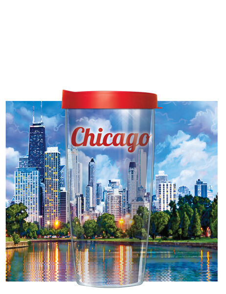 18oz Handle Mug - Painted Skylines-Chicago-Il w/ Black Lid 06-SKY-CHI