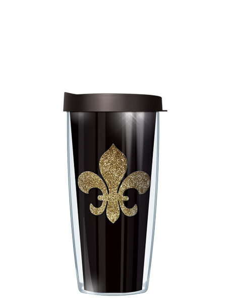 16oz Tumbler - Gold Fleur de Lis Bling Black w/ Black Lid 02-SOL010-FL3