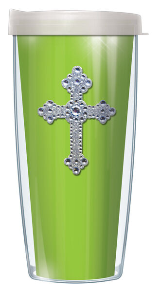 16oz Short Tumbler - Bling Cross on Green without lid 01-SOL375BCR