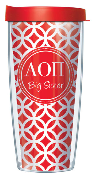 16oz Tumbler - Alpha Omicron Pi Big Sister Roundabout w/ Red Lid 02-SOR-AOP2B