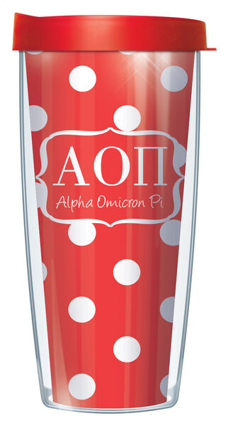 22oz Tumbler - Alpha Omicron Pi Dots w/ Red Lid 08-SOR-AOP8