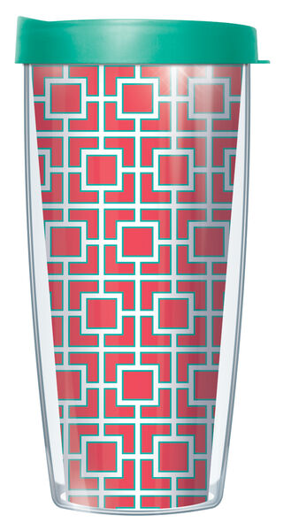 16oz Tumbler - Coral Square Screen w/ Teal Lid 02-SQS1785