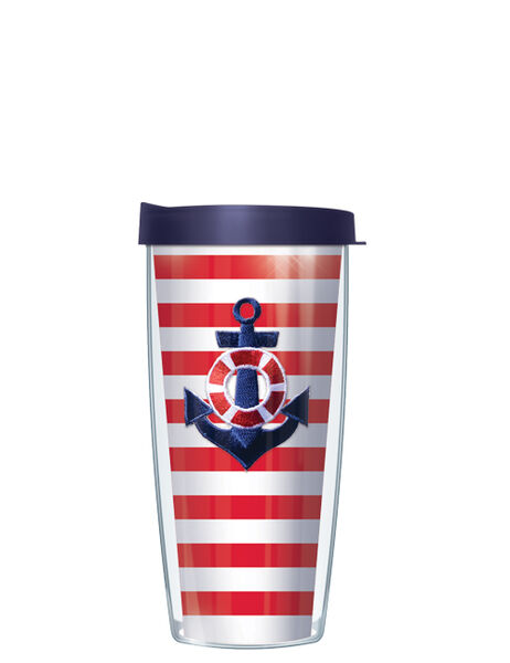 18oz Handle Mug - Navy Anchor # 419 Patch on Red Stripes w/ Black Lid 06-STR199-419