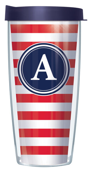 16oz Short Tumbler - Bold Letter A on Red and White Stripes without lid 01-STR199LB-A