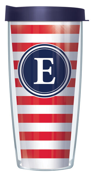 16oz Short Tumbler - Bold Letter E on Red and White Stripes without lid 01-STR199LB-E