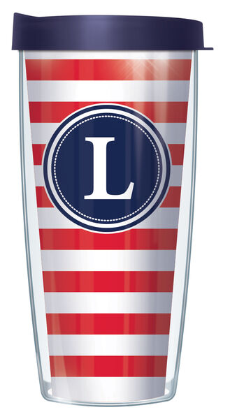 18oz Handle Mug - Bold Letter L on Red and White Stripes w/ Blue Lid 06-STR199LB-L