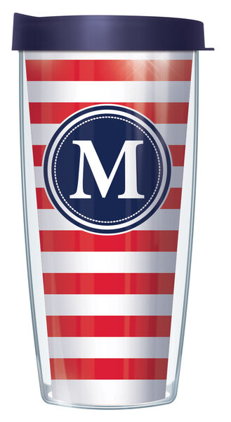 24oz Flareside Tumbler - Stripes Red On Navy Letter Initial "M" w/ Blue Lid 24F-STR199LB-M