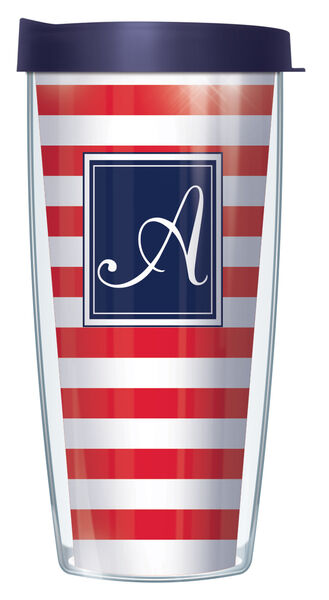 28oz Mega Tumbler - Script Letter A on Red and White Stripes w/ Navy Lid H2-STR199LS-A