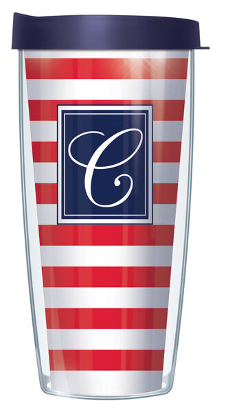 24oz Flareside Tumbler - Script Letter C on Red and White Stripes w/ Blue Lid 24F-STR199LS-C