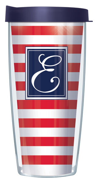 22oz Tumbler - Script Letter E on Red and White Stripes w/ Navy Lid 08-STR199LS-E