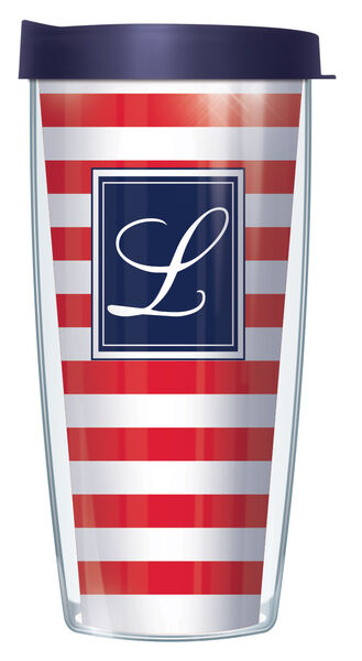 22oz Tumbler - Script Letter L on Red and White Stripes w/ Navy Lid 08-STR199LS-L