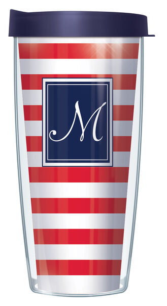 16oz Short Tumbler - Script Letter M on Red and White Stripes without lid 01-STR199LS-M