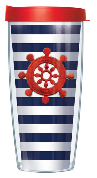 28oz Sport Tumbler - Red Ship Wheel on Navy #655 Stripes w/ Gray Lid ST-STR655-413