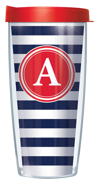 24oz Flareside Tumbler - Bold Letter A on Navy and White Stripes w/ Red Lid 24F-STR655LB-A