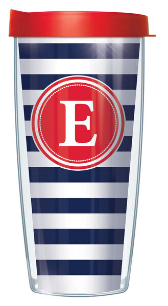 22oz Tumbler - Bold Letter E on Navy and White Stripes w/ Red Lid 08-STR655LB-E