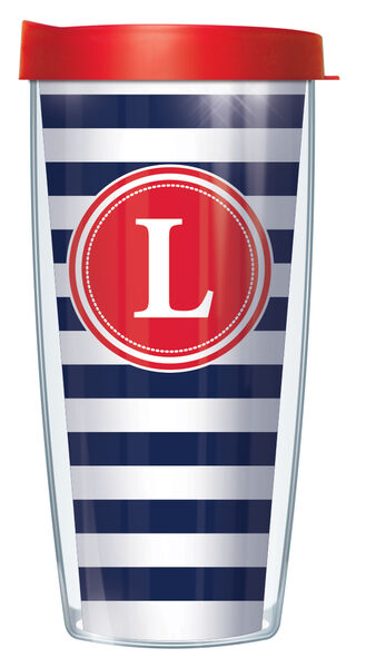 28oz Sport Tumbler - Bold Letter L on Navy and White Stripes w/ Gray Lid ST-STR655LB-L