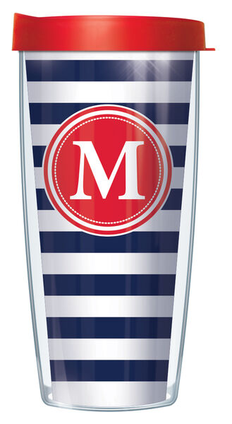 28oz Sport Tumbler - Bold Letter M on Navy and White Stripes w/ Gray Lid ST-STR655LB-M