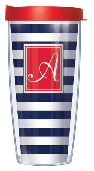 16oz Short Tumbler - Script Letter A on Navy and White Stripes without lid 01-STR655LS-A