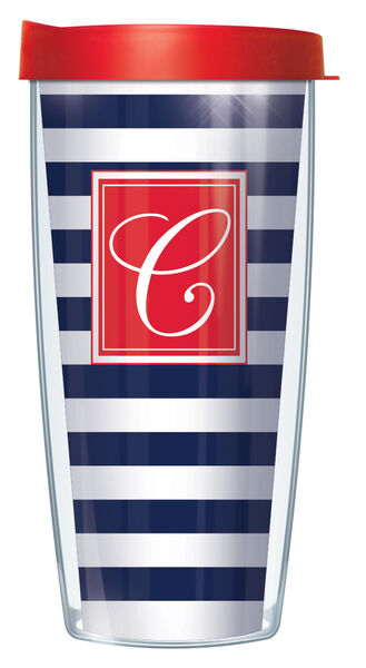 28oz Mega Tumbler - Script Letter C on Navy and White Stripes w/ Red Lid H2-STR655LS-C