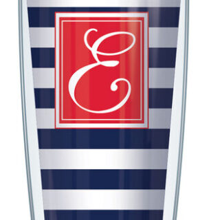 22oz Tumbler - Script Letter E on Navy and White Stripes w/ Red Lid 08-STR655LS-E