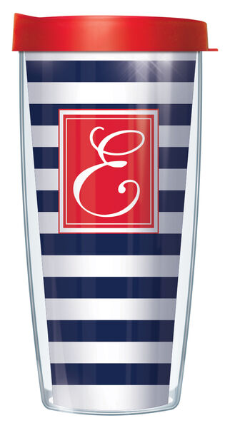 22oz Tumbler - Script Letter E on Navy and White Stripes w/ Red Lid 08-STR655LS-E