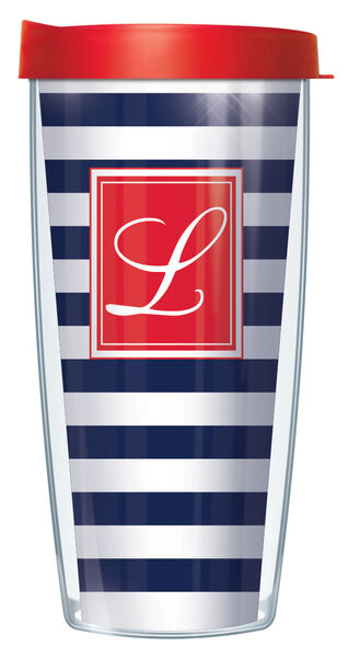 22oz Tumbler - Script Letter L on Navy and White Stripes w/ Red Lid 08-STR655LS-L