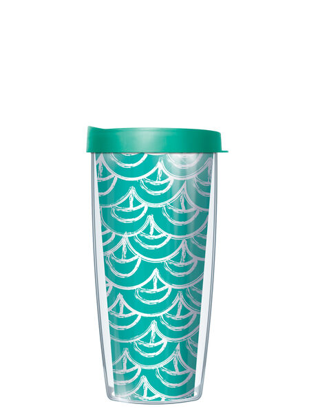 18oz Handle Mug - Sailing Waves on Teal w/ Black Lid 06-SWT