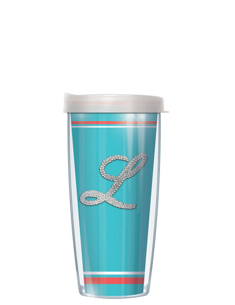 16oz Tumbler - Bling Letter L on Teal Stripe w/ Clear Lid 02-TESB-L