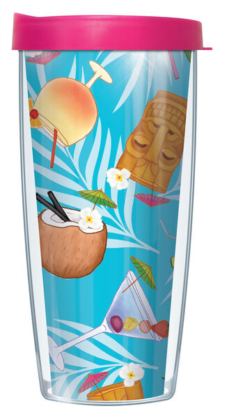 16oz Tumbler - Tropical Cocktails on Blue w/ Pink Lid 02-TRO1