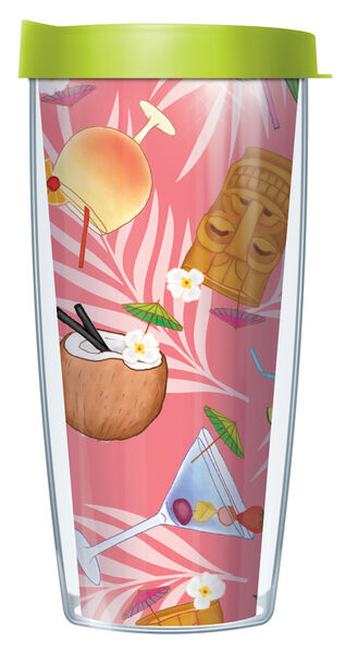 16oz Short Tumbler - Tropical Cocktails on Pink without lid 01-TRO2