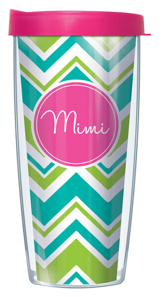 16oz Tumbler - Mimi Teal & Lime Varied Chevron w/ Pink Lid 02-VAR1-MIMI