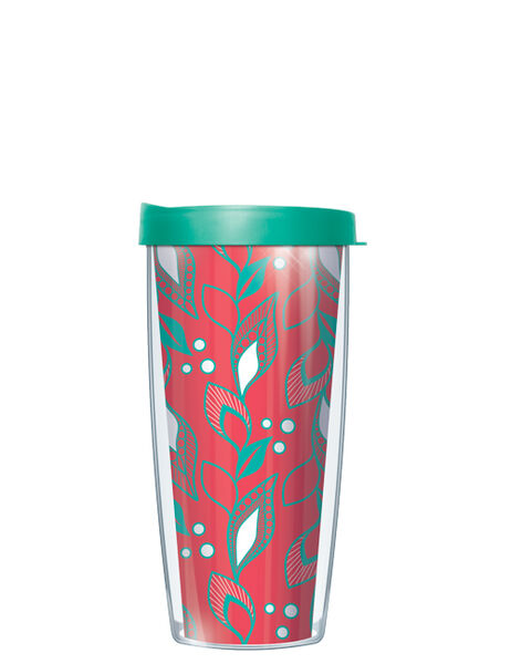 16oz Short Tumbler - Vertical Leaves on Coral without lid 01-VRL1785