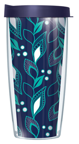 16oz Tumbler - Vertical Leaves Navy & Teal w/ Navy Lid 02-VRL655